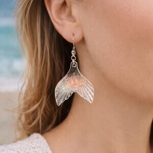 Mermaid Tail Earrings Iridescent Pink Glitter Resin Dangle